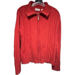 Red zip up cableknit cardigan sweater